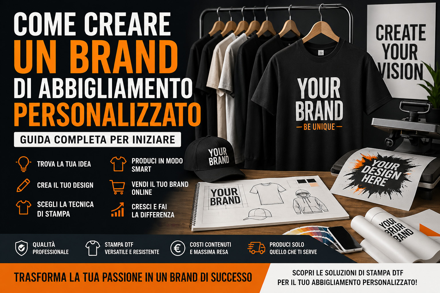 creare brand abbigliamento personalizzato con stampa DTF e produzione capi