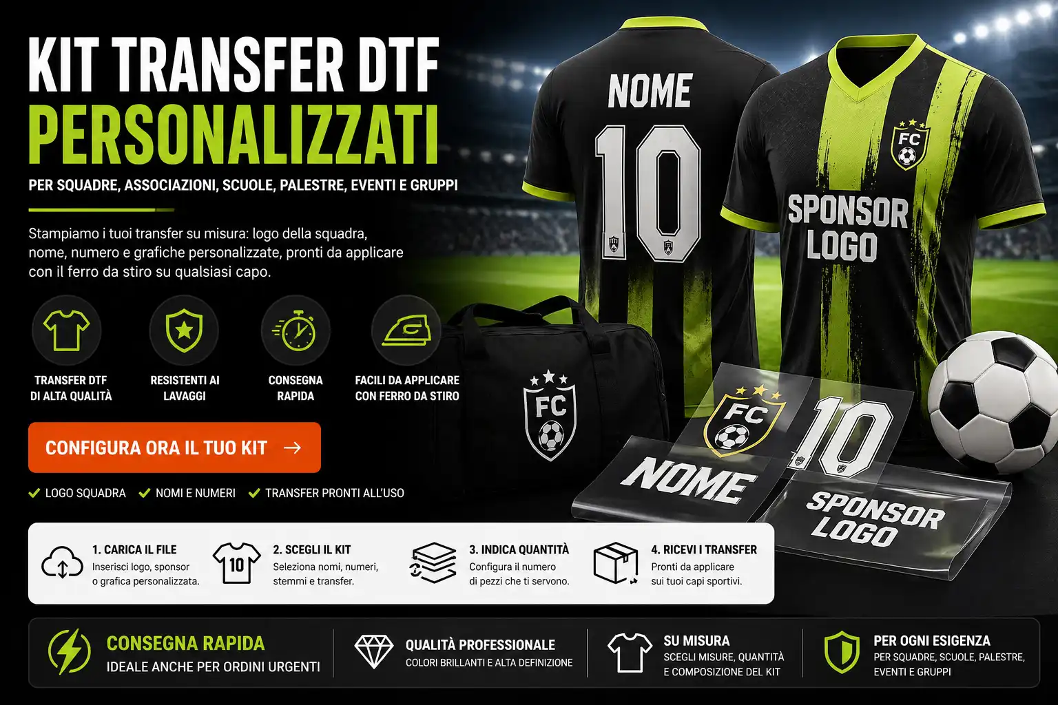 Kit transfer DTF personalizzati con nomi numeri e logo squadra