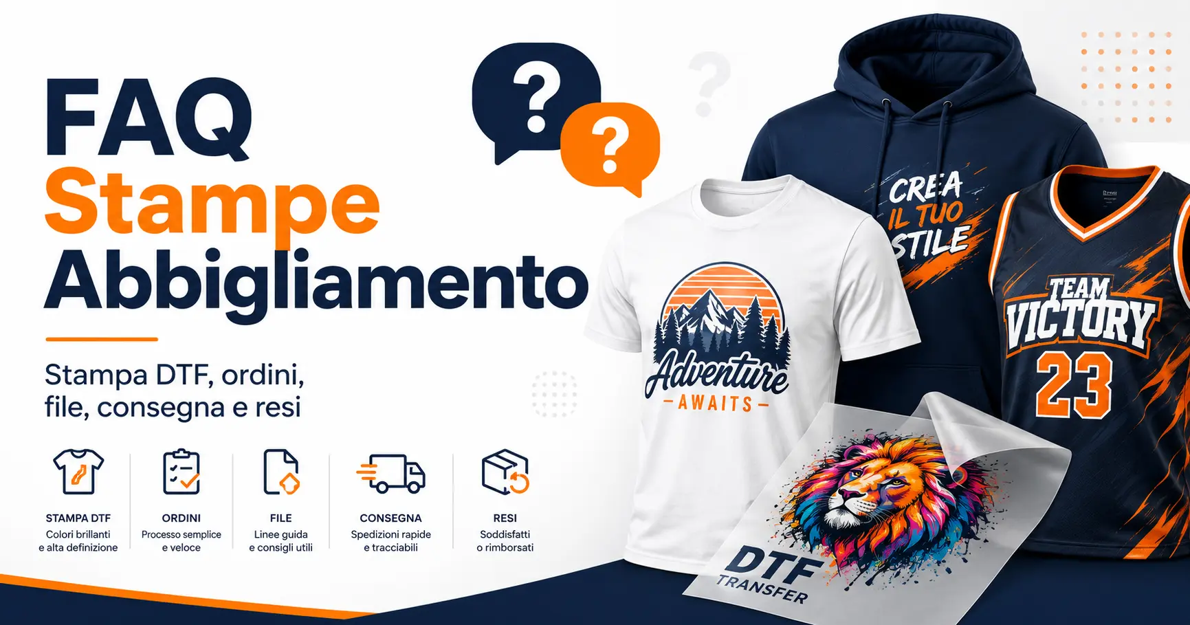 FAQ Stampe Abbigliamento con magliette, felpa, divisa sportiva e transfer DTF per spiegare ordini, file, consegna e resi.